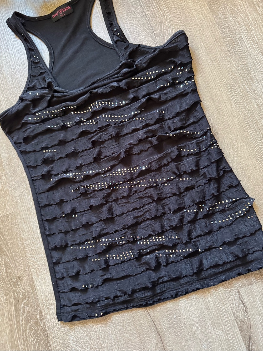 Y2K Black Rhinestone Ruffle Racerback Tank Top Going Out Emo Glam - Picture 5 of 7